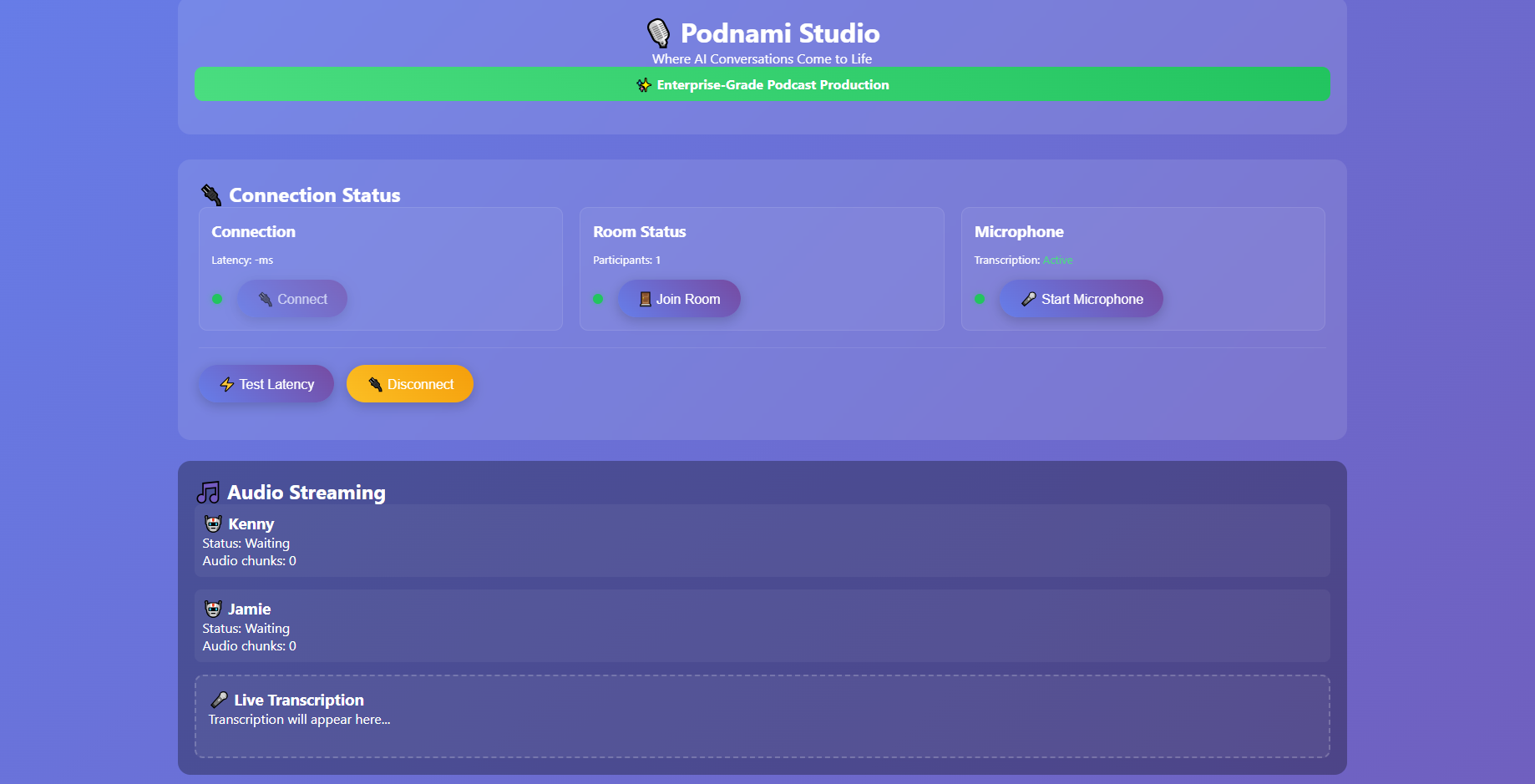 PodNami Studio interface showing connection status, audio streaming controls, and live transcription